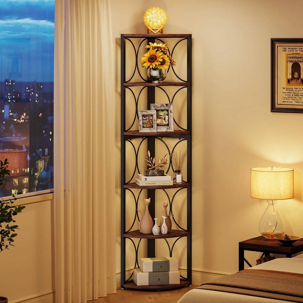67 Inch Tall 6-Tier Freestanding Corner Bookshelf and Storage Shelving Unit