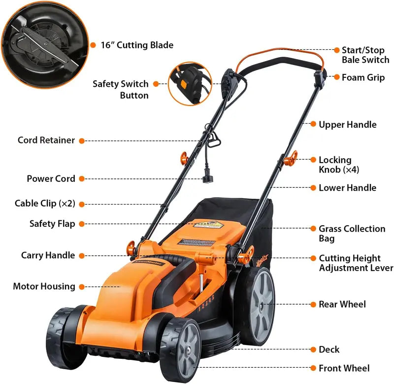 MEB Electric Lawn Mower, 16-Inch 12AMP - MEB1216K