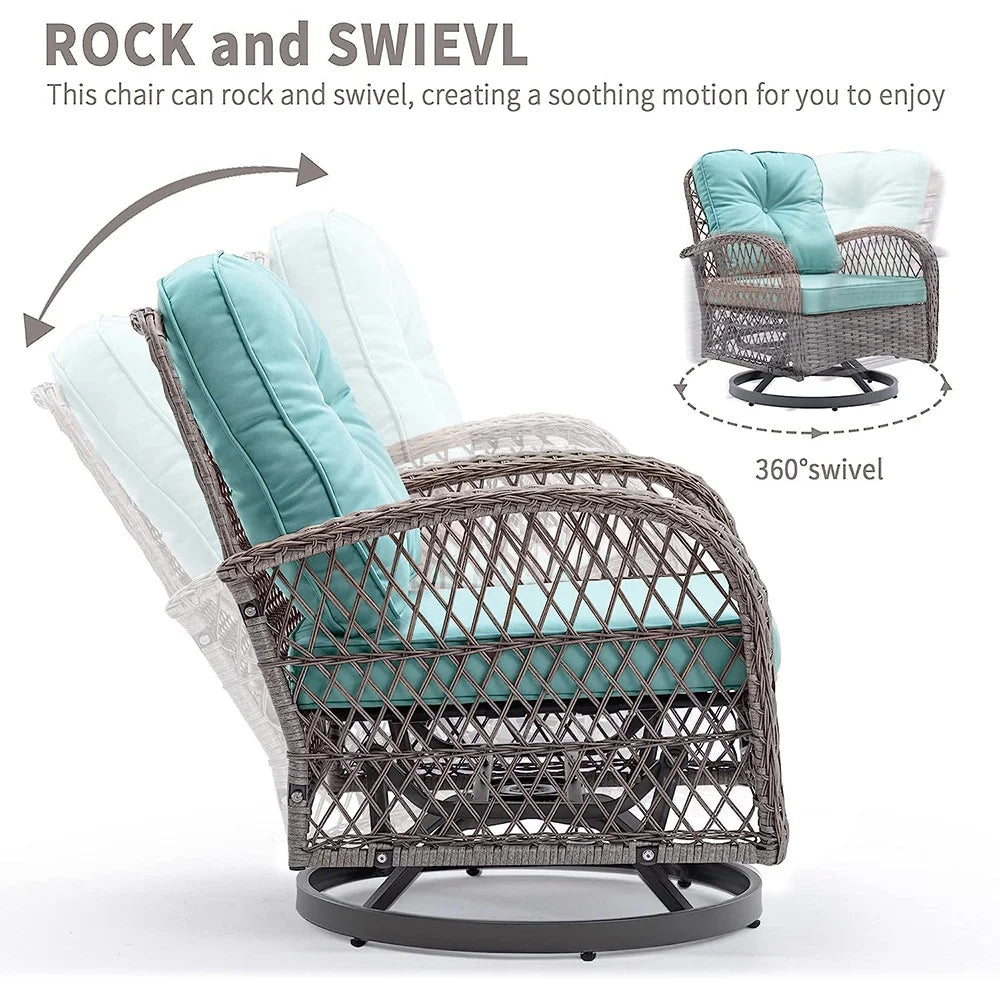 3-Piece Patio Swivel Rocking Chair Set With Glass Top Table - 2 Chairs