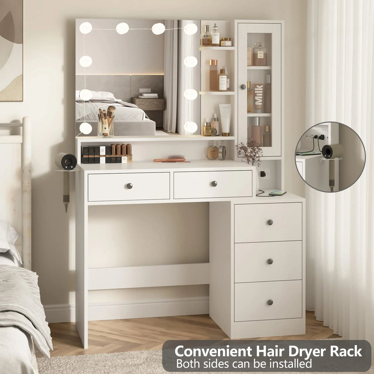 VEANERWOOD Makeup Vanity Desk With Lighted Mirror, Power Strip, 5 Drawers, White - 39.4in x 15.7in x 56.7in
