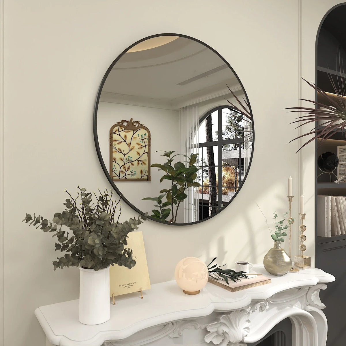 Round Metal Black Frame Bathroom Vanity Mirror - Wall Mounted