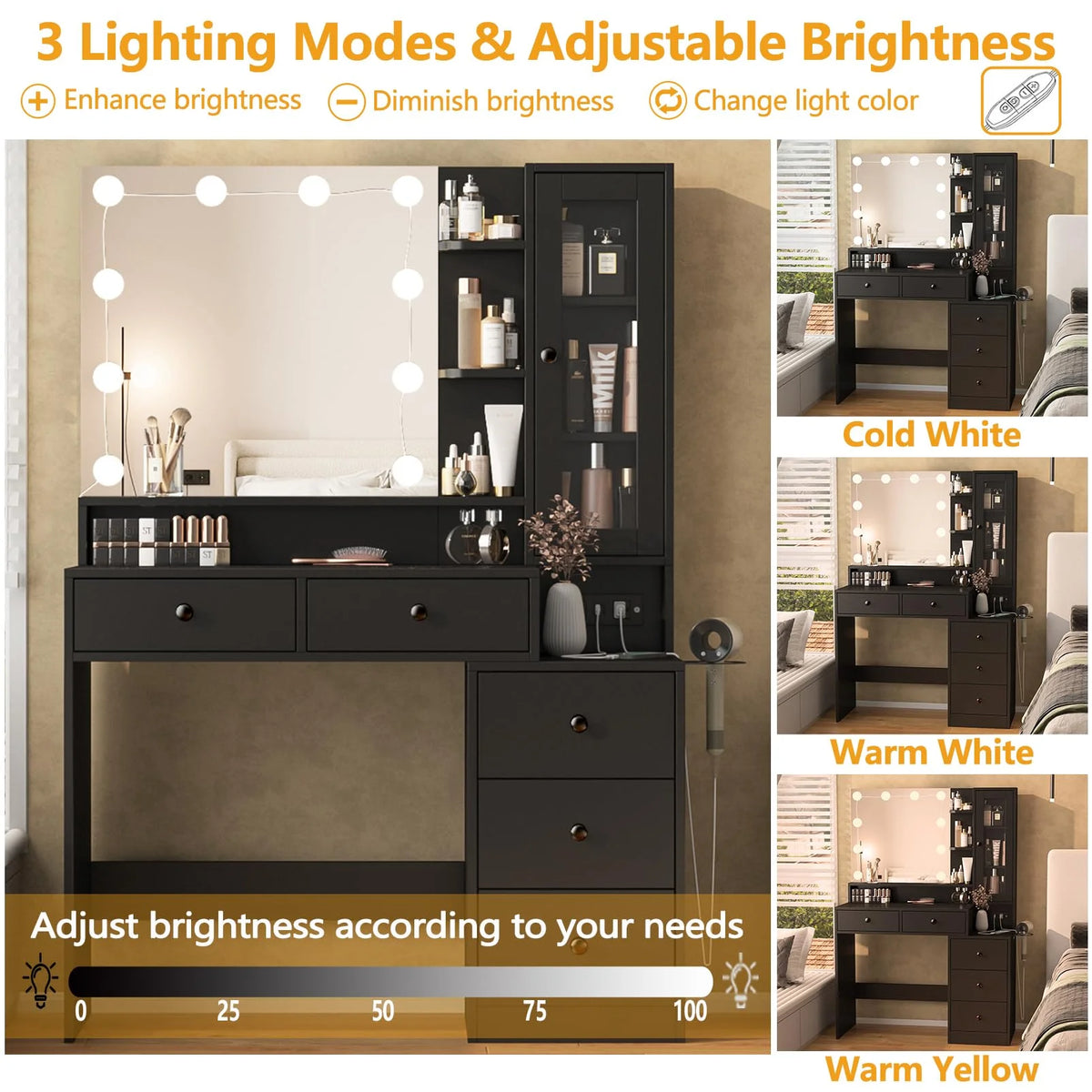 VEANERWOOD Makeup Vanity Desk With Lighted Mirror, Power Strip, 5 Drawers, White - 39.4in x 15.7in x 56.7in