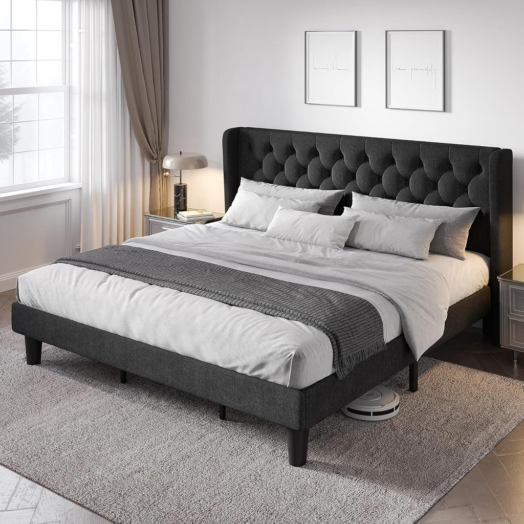 Allewie King Size Upholstered Bed Frame With Button Tufted Wingback Headboard, Black