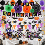 KORALAKIRI Halloween Party Decorations Happy Halloween Banner Honeycomb Balls Paper Fans Hanging Swirls Triangle Garland for Indoor Home Office Class School Party Supplies