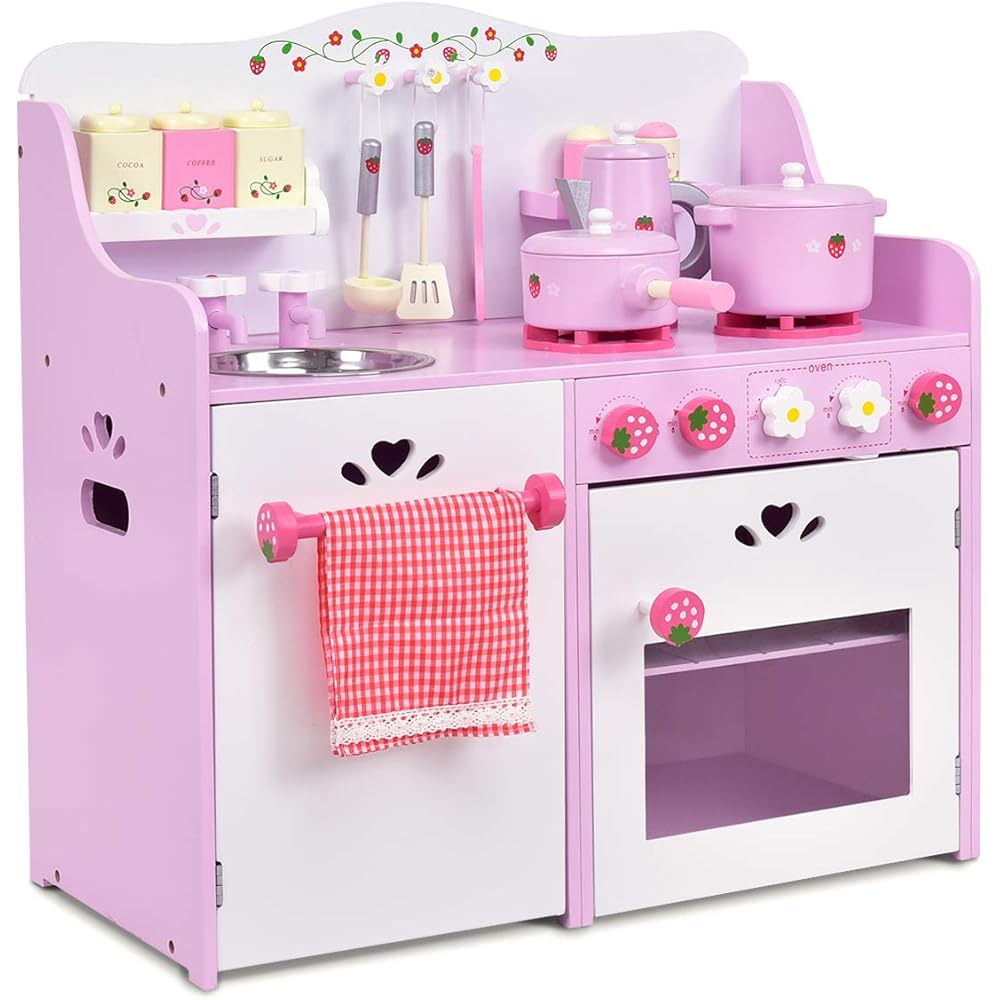 Costzon Kids' Wooden Pretend Play Kitchen Playset - Pink Strawberry, 13-Piece