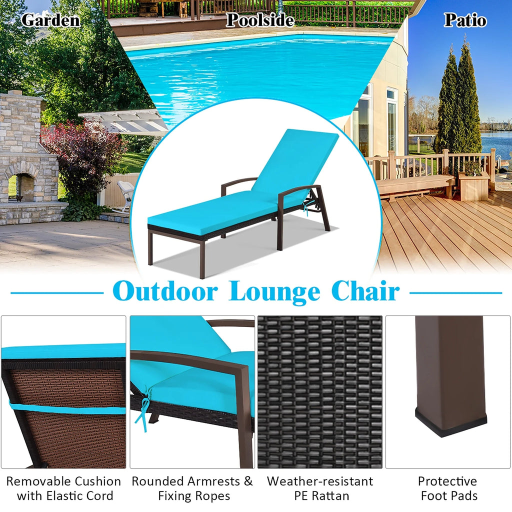 Costway 2 PCS Patio Rattan Chaise Lounge Chairs With Adjustable Backrest And Cushions - Red