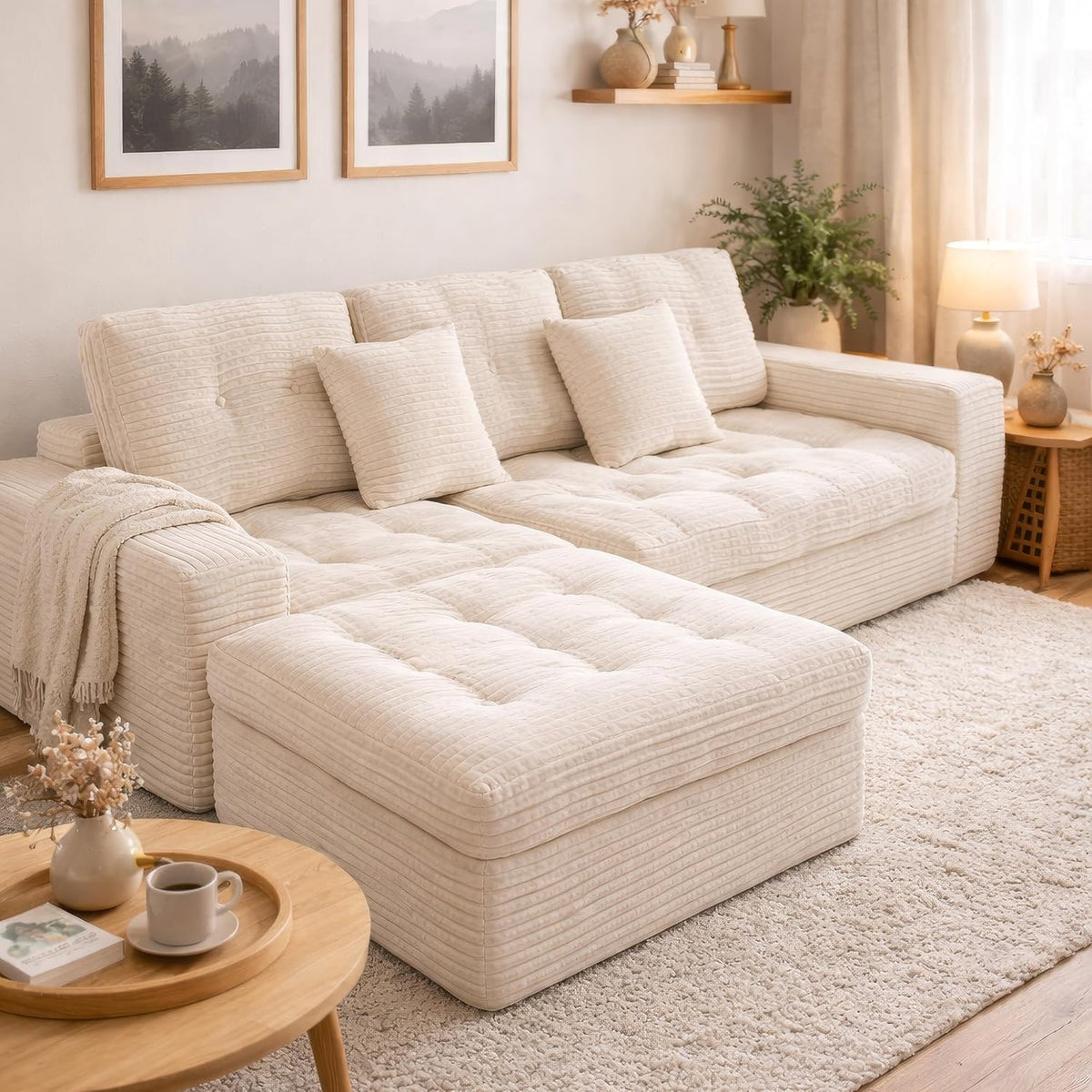 Oversized 135in 3-Piece Corduroy Upholstered Sectional Sofa With Deep Seat - Full Foam