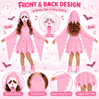 Pink Glitter Ghost Halloween Costume for Girls, Hooded Cosplay Dress with Mask, Spooky Horror Party Outfit