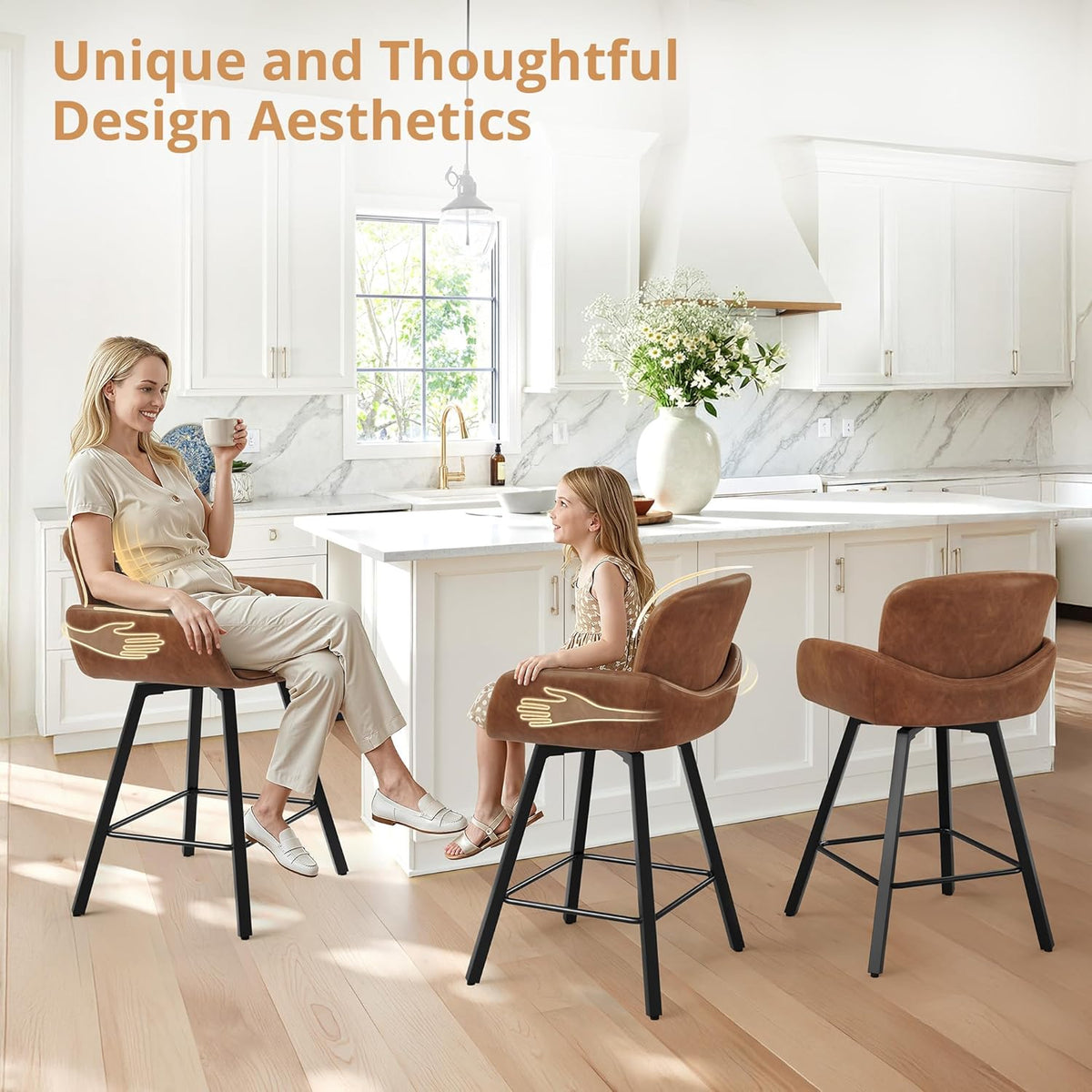 LUE BONA Counter Height Swivel Bar Stools With Backrest And Arms, 26 in, Set Of 6, Brown