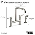 KOHLER Purist 2-Handle Bridge Kitchen Faucet With Side Sprayer, Matte Black - K-7548-4-BL
