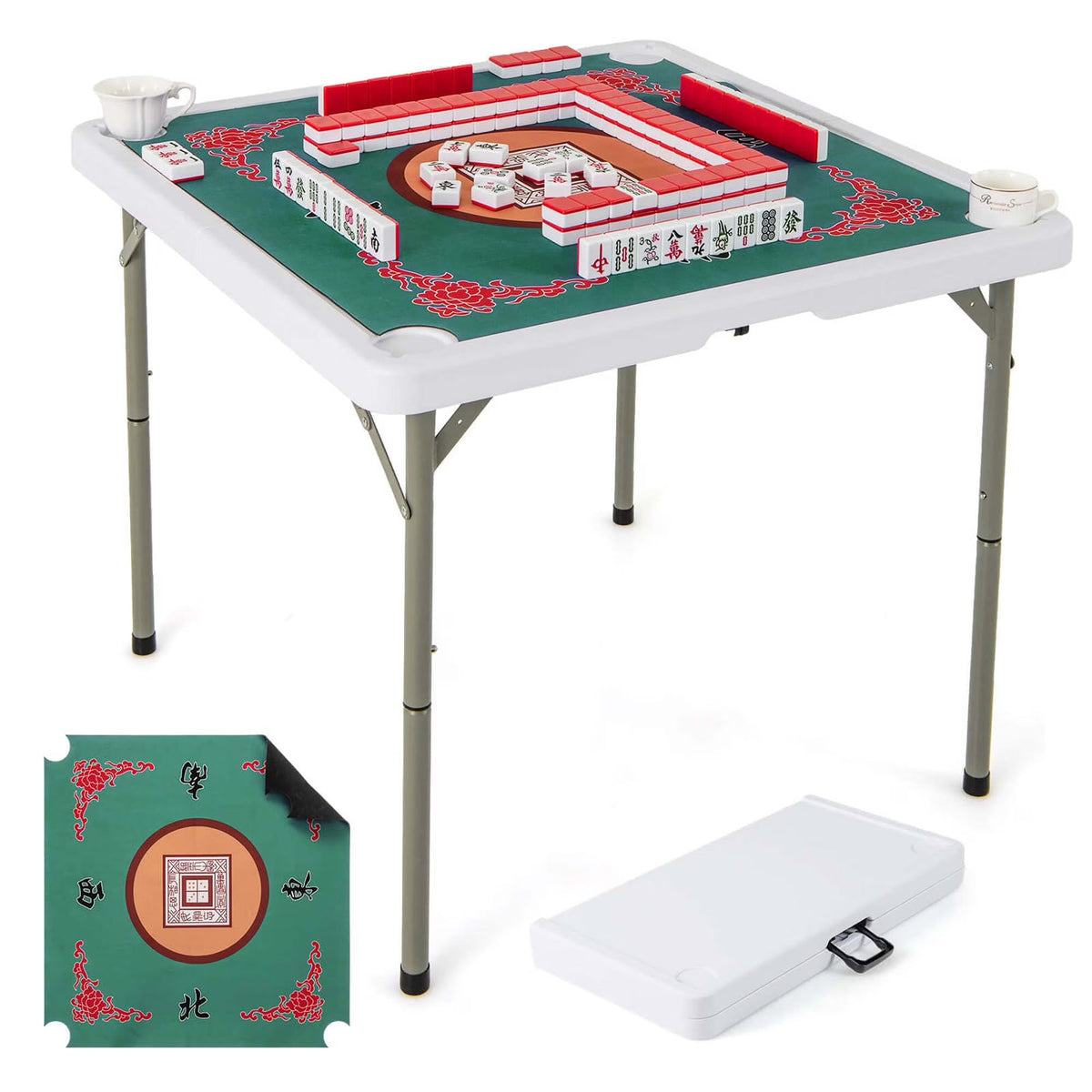 Costway Folding Mahjong Table With Cup Holders, Felt Mat And Carrying Handle - 35in x 35in x 29in