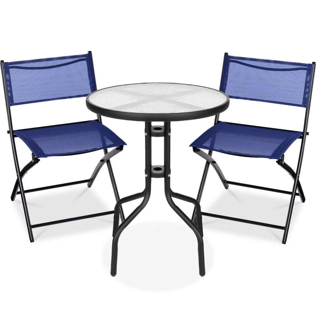 Best Choice Products 3-Piece Patio Bistro Dining Set With Glass Tabletop And Folding Chairs - Gray