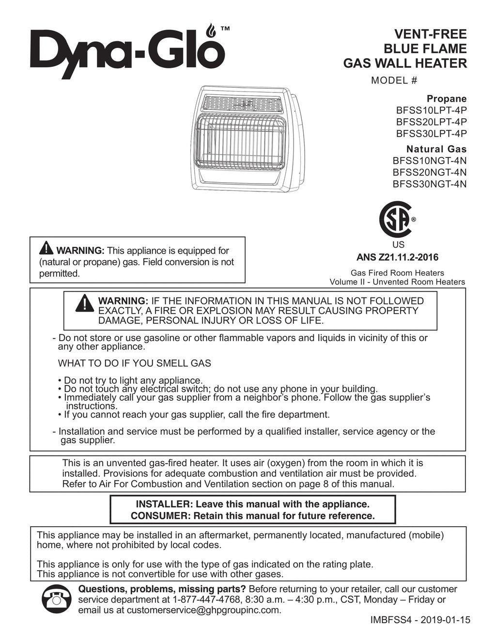 Dyna-Glo Liquid Propane Blue Flame Vent-Free Thermostatic Wall Heater, 20,000 BTU - BFSS20LPT-4P