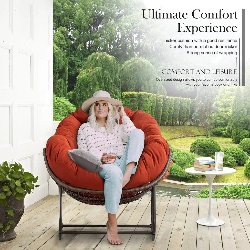 Outdoor Papasan Rocking Chair With Thick Cushion, Grey - 43.70in D x 37.20in W x 31.50in H