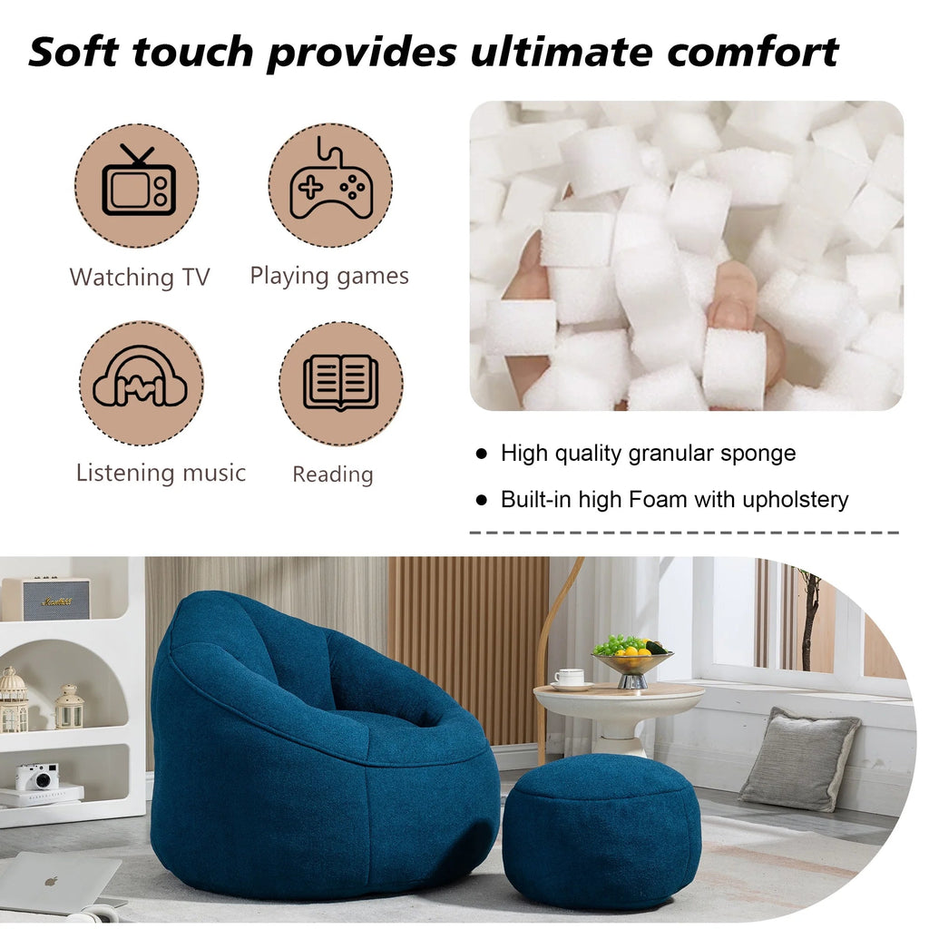 MOONMISS Microfiber Upholstered Round Bean Bag Sofa Chair With Ottoman - Gray