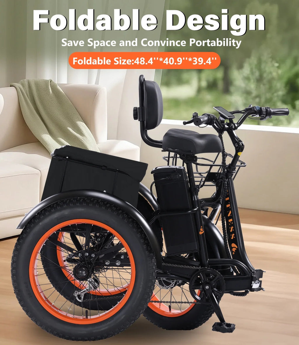 YEBEI Folding Electric Tricycle for Adults, 500W Motor, 48V15AH Lithium Battery, 20 x 4.0 in Fat Tires