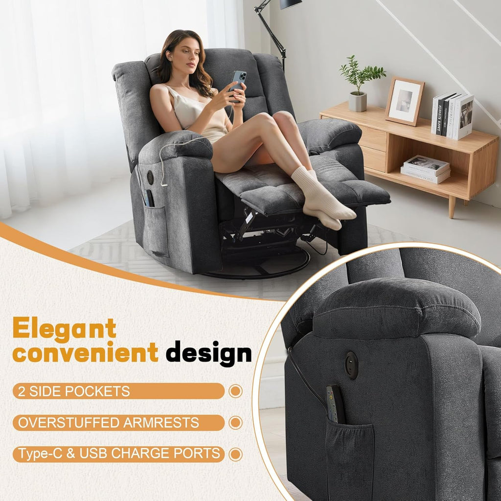 Korser Swivel Rocker Recliner Chair With Massage, Heating, USB Charging And Storage