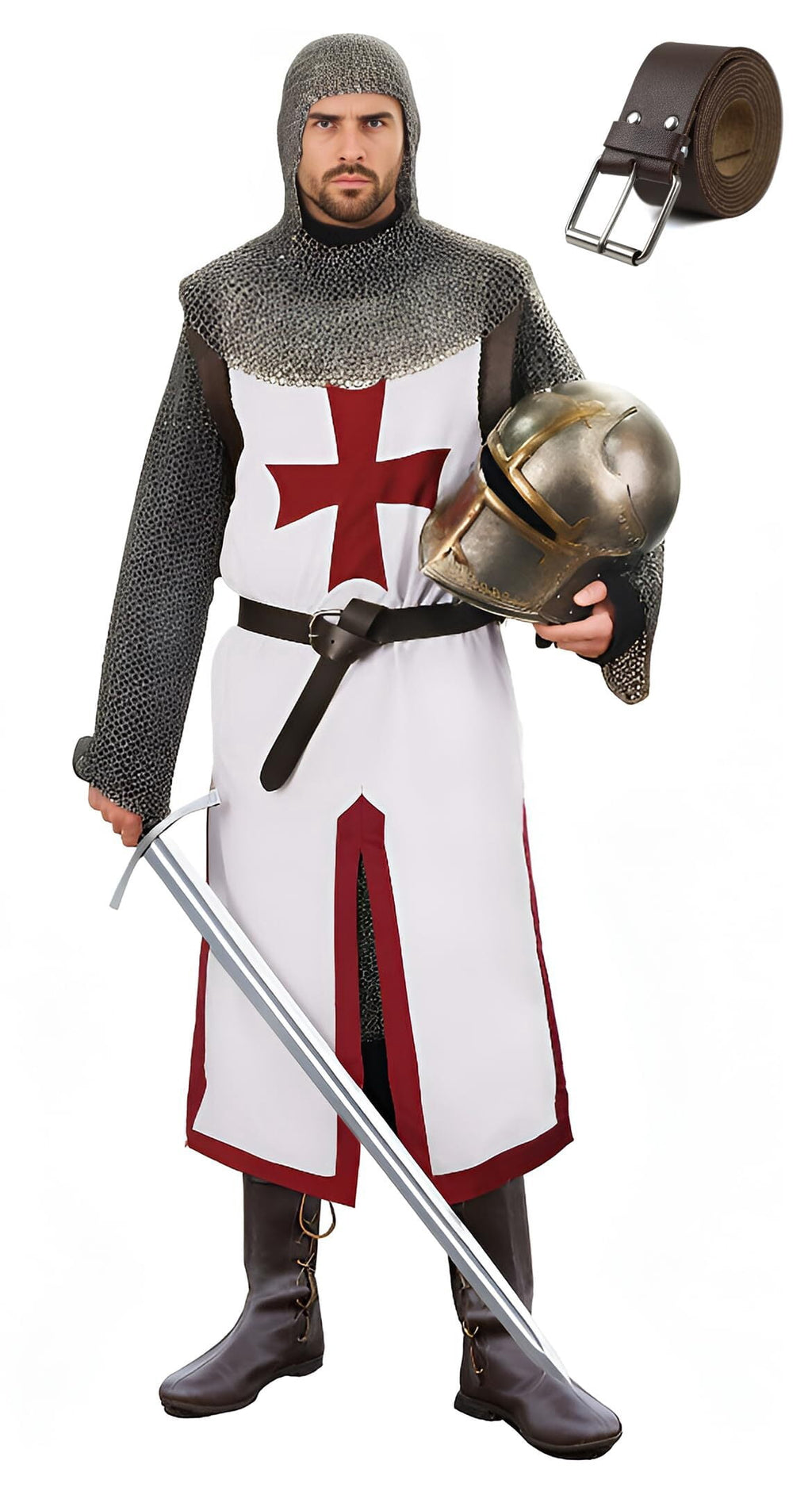 VZQI Men's Medieval Crusader Costume Set, Knights Templar Tunic with Belt for Halloween Renaissance Cosplay