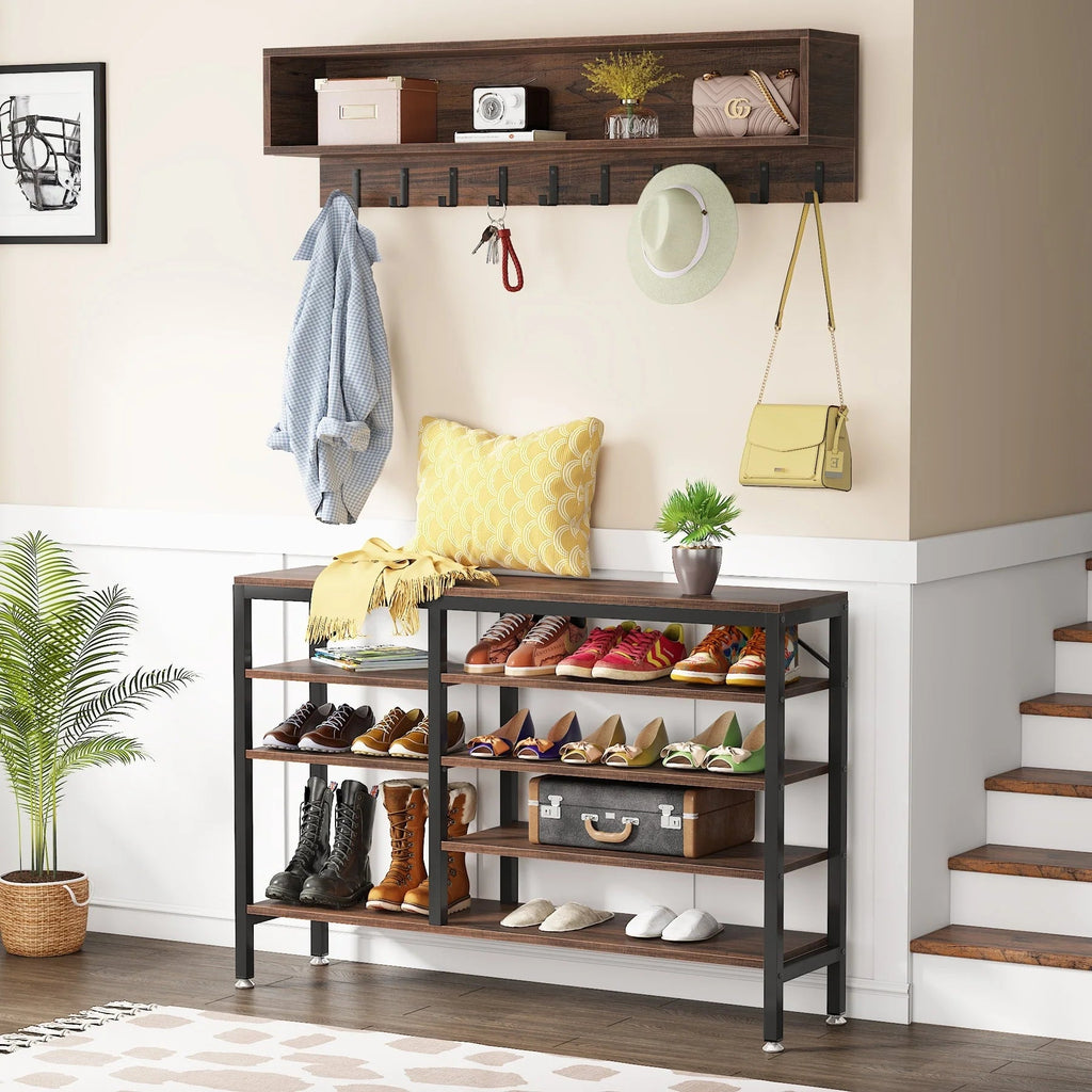 5-in-1 Entryway Hall Tree With Coat Rack, Shoe Bench, 7 Hooks, 3 Cubbies And 3-Tier Shoe Rack