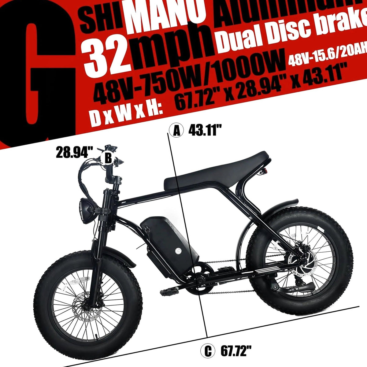Electric Mountain Bike For Adults, 20 x 4.0 Fat Tires, 1000W Motor, 48V 20Ah Battery, Black - G-M1Sp