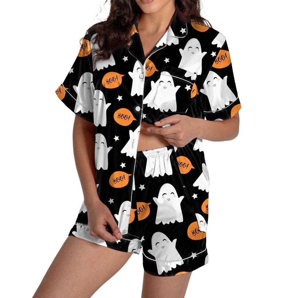 ChenYiFH Halloween Pajama Sets For Women 2 Piece Pumpkin Print Shirts And Pajamas Shorts Button Down Short Sleeve Sleepwear Black S
