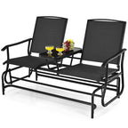 2-Person Outdoor Bench Glider Chair With Center Table, Mesh Fabric, 57 x 28 x 38 in