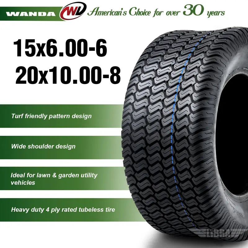 WANDA Lawn Mower Turf Tire Set of 4, 15x6-6 Front and 20x10-8 Rear, 4PR - P332