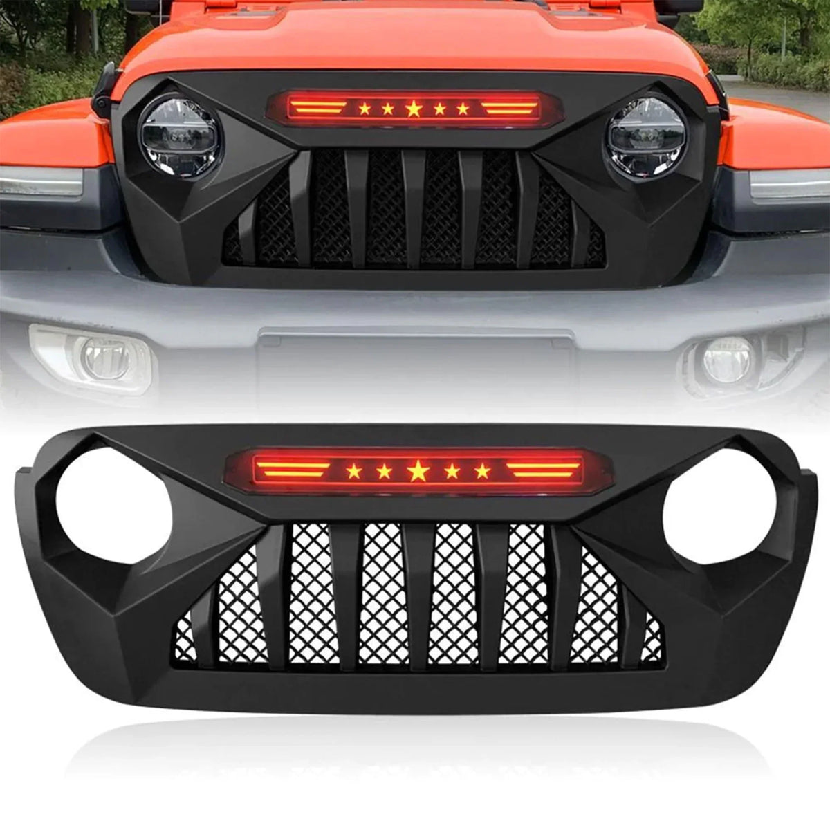 AMERICAN MODIFIED Demon Grille With Red Lights For 18-21 Wrangler/Gladiator