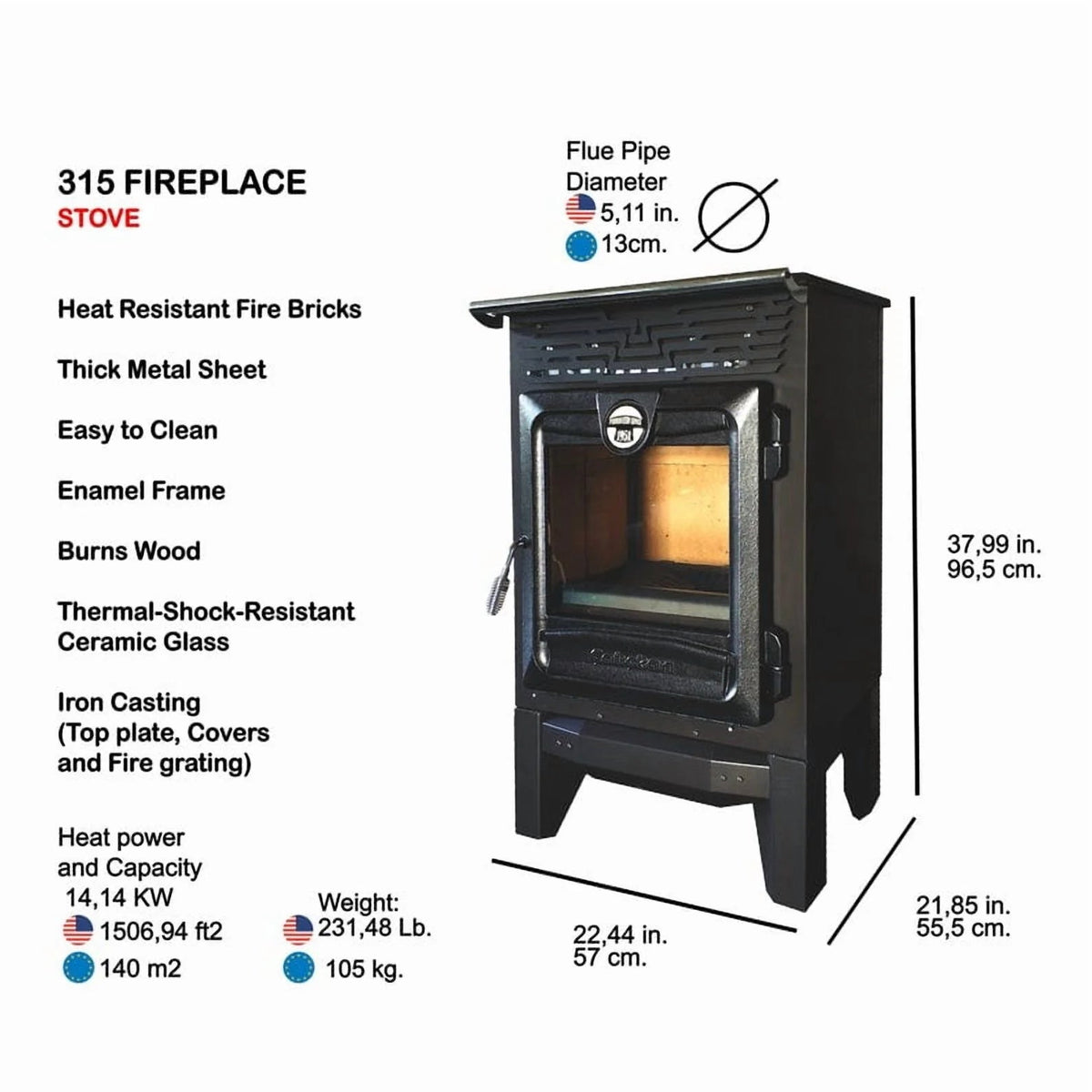 Indoor Wood Burning Cooking Stove 57cm x 55,5cm x 99,5cm, Matte Black - Stove 315