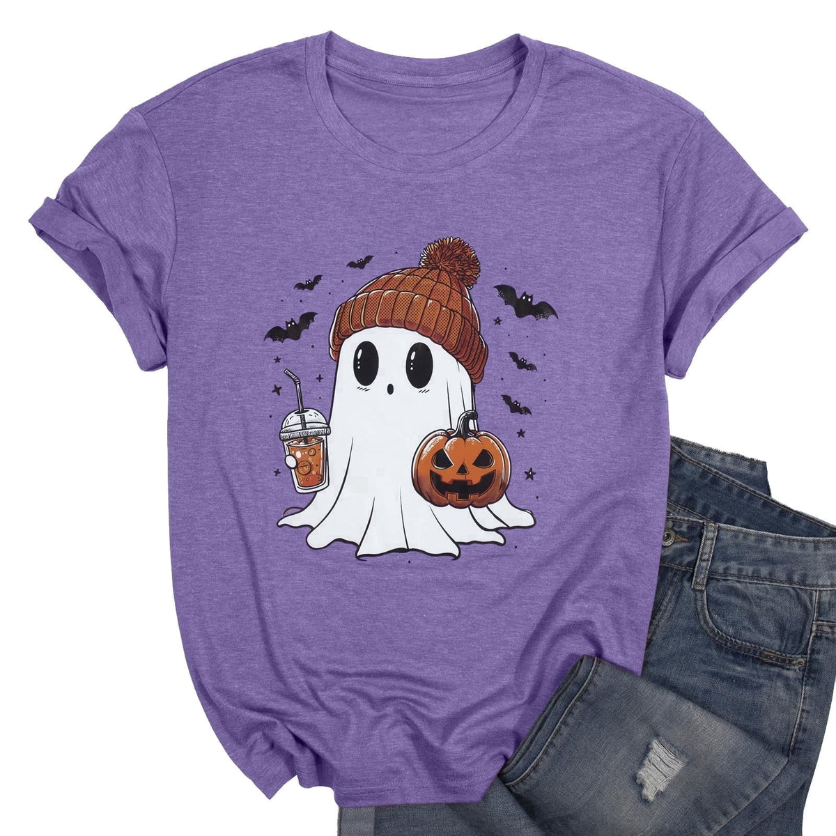 KimSoong Women Halloween T-Shirt Cute Ghost Fall Pumpkin Graphic Shirt Coffee Lover Tees Short Sleeve Tops