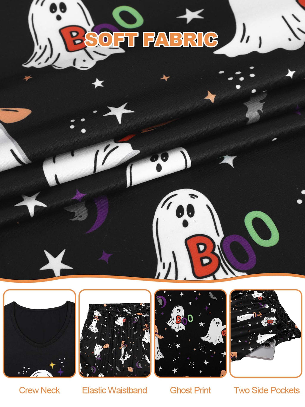 Homlouue Halloween Womens Plus Size Pajama Sets 2-Piece, Cute Ghost Print V-Neck Loungewear with Pockets, Soft Sleepwear for Holiday