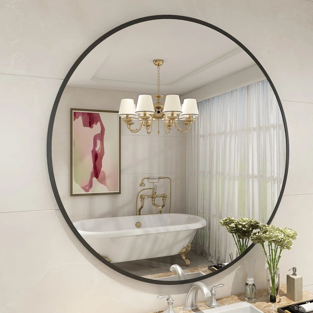 Round Metal Black Frame Bathroom Vanity Mirror - Wall Mounted