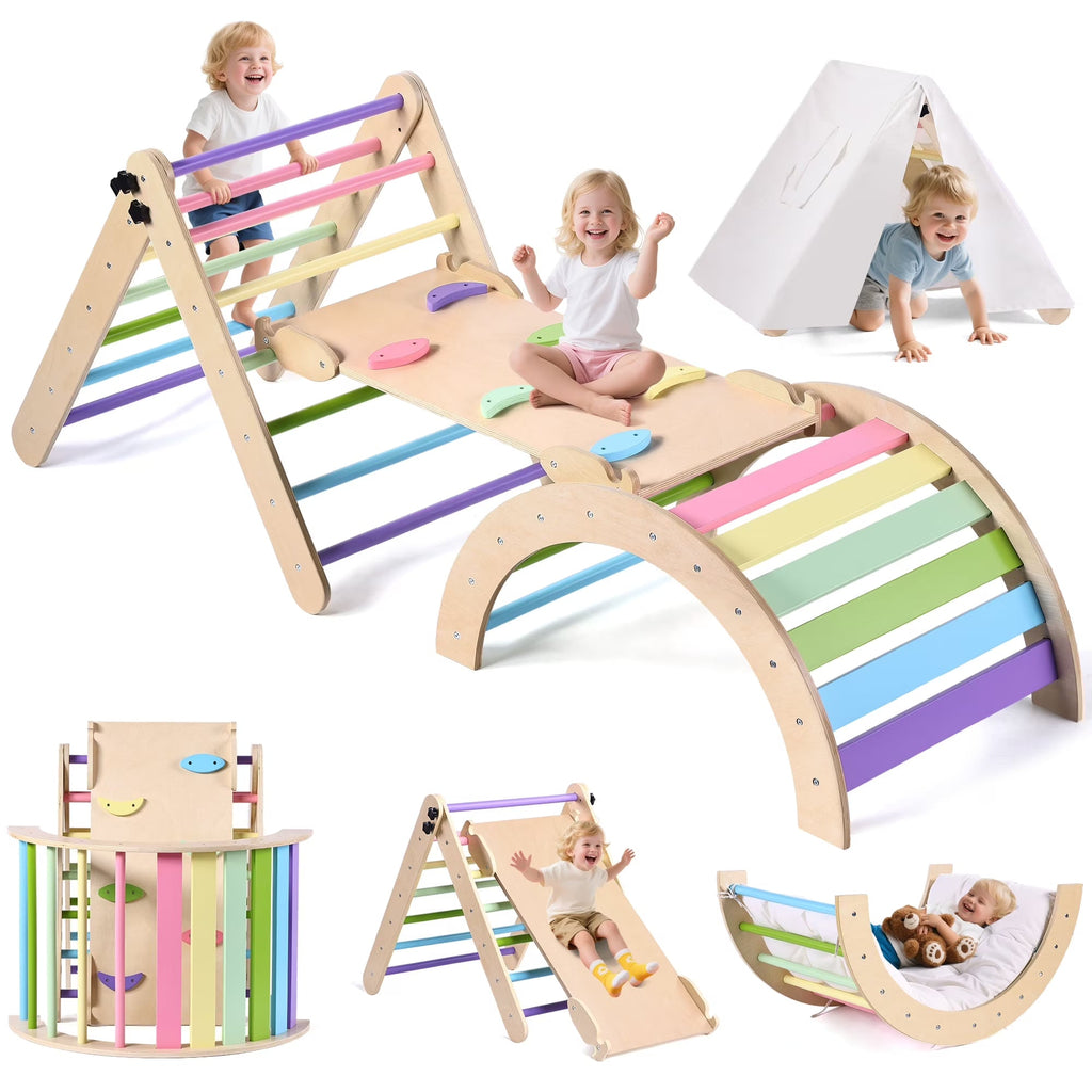 Lookfly 8-in-1 Foldable Pikler Triangle Climbing Set With Ramp - Natural-Color Or Multicolor