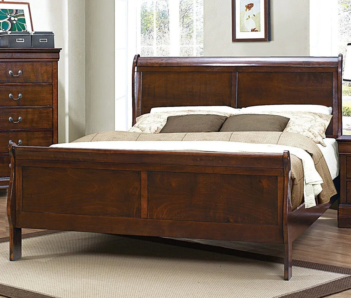 Louis Philippe Style Bedroom Set With Queen Size Bed And 2 Nightstands - Brown Cherry Finish