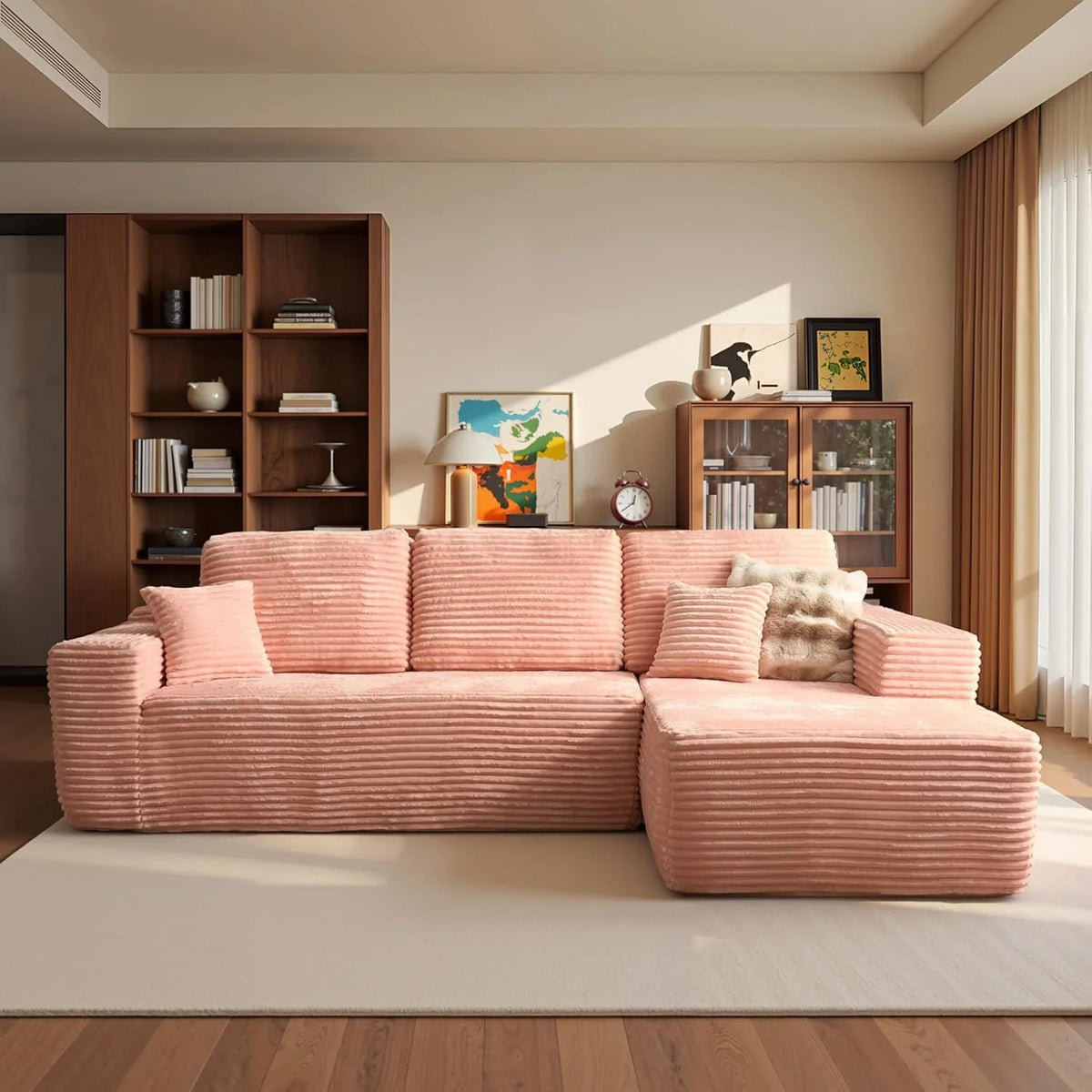 ovios 104in L-Shape Sectional Sofa With Chaise, Grey Plush Corduroy Fabric