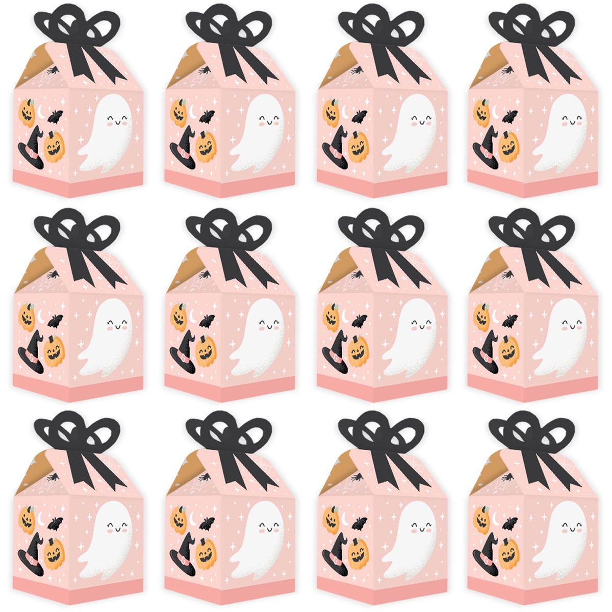 Big Dot of Happiness Pastel Halloween - Square Favor Gift Boxes - Pink Pumpkin Party Bow Boxes - Set of 12