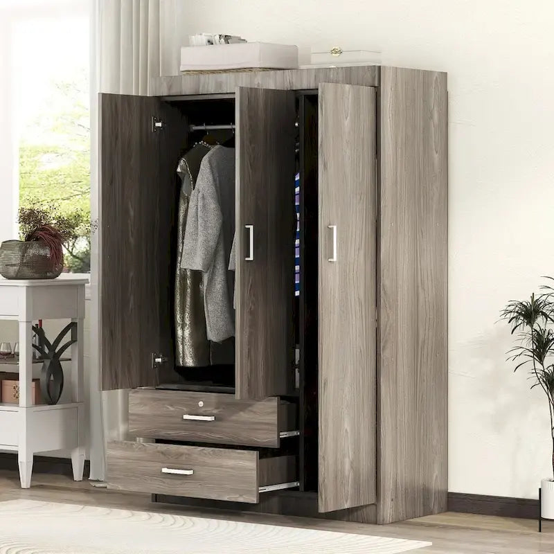 3-Door Wardrobe With 2 Drawers, Shelves And Hanging Rail