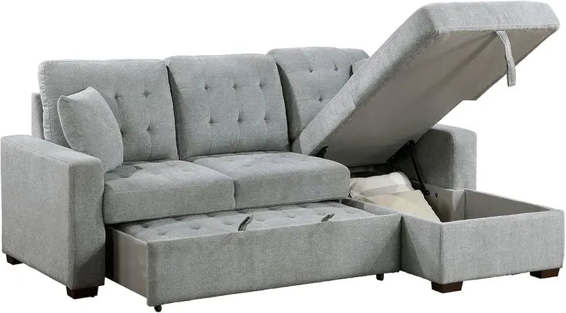L-Shaped Sleeper Sectional Sofa With Right-Side Storage Chaise And Pull-Out Bed - Gray Fabric
