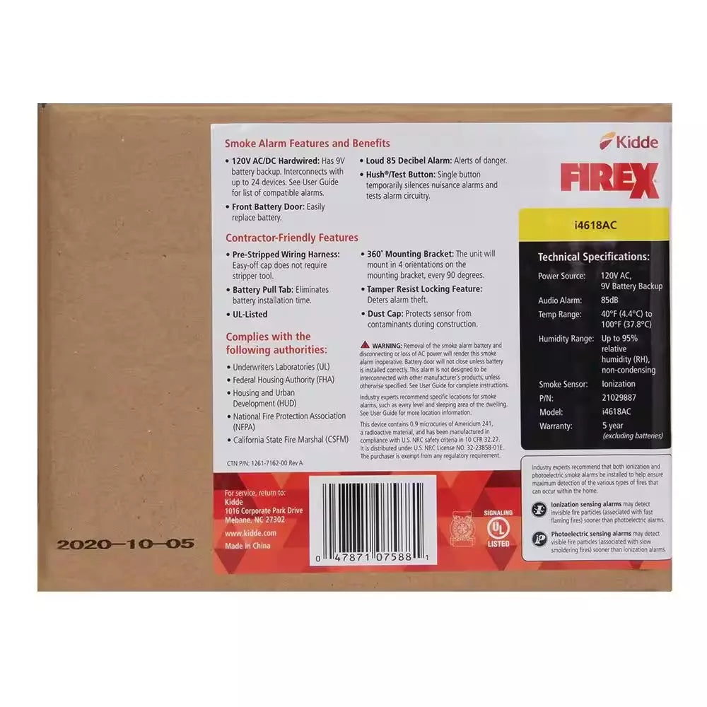 Hardwired Smoke And Carbon Monoxide Alarm With Ionization Sensor, 120V AC, 9V Battery Backup