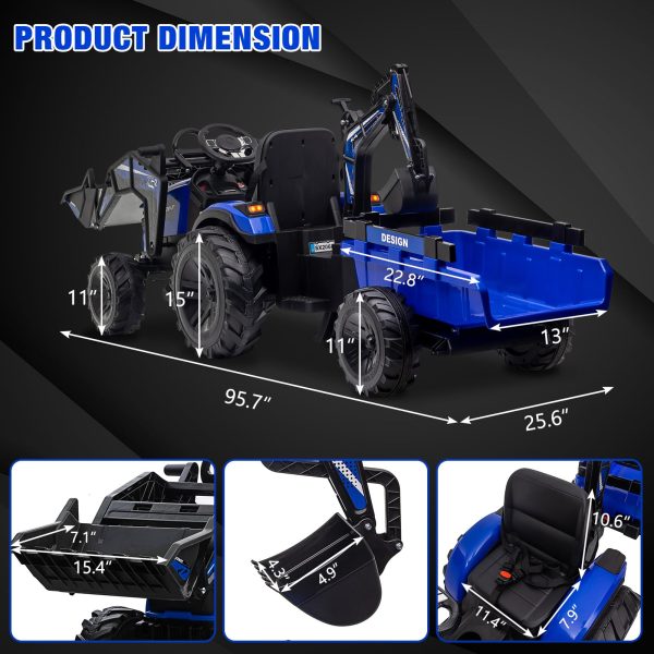 3-in-1 Ride-On Tractor 24V Electric Excavator & Bulldozer With Remote Control, LED, Music, USB/Bluetooth - Bright-Blue