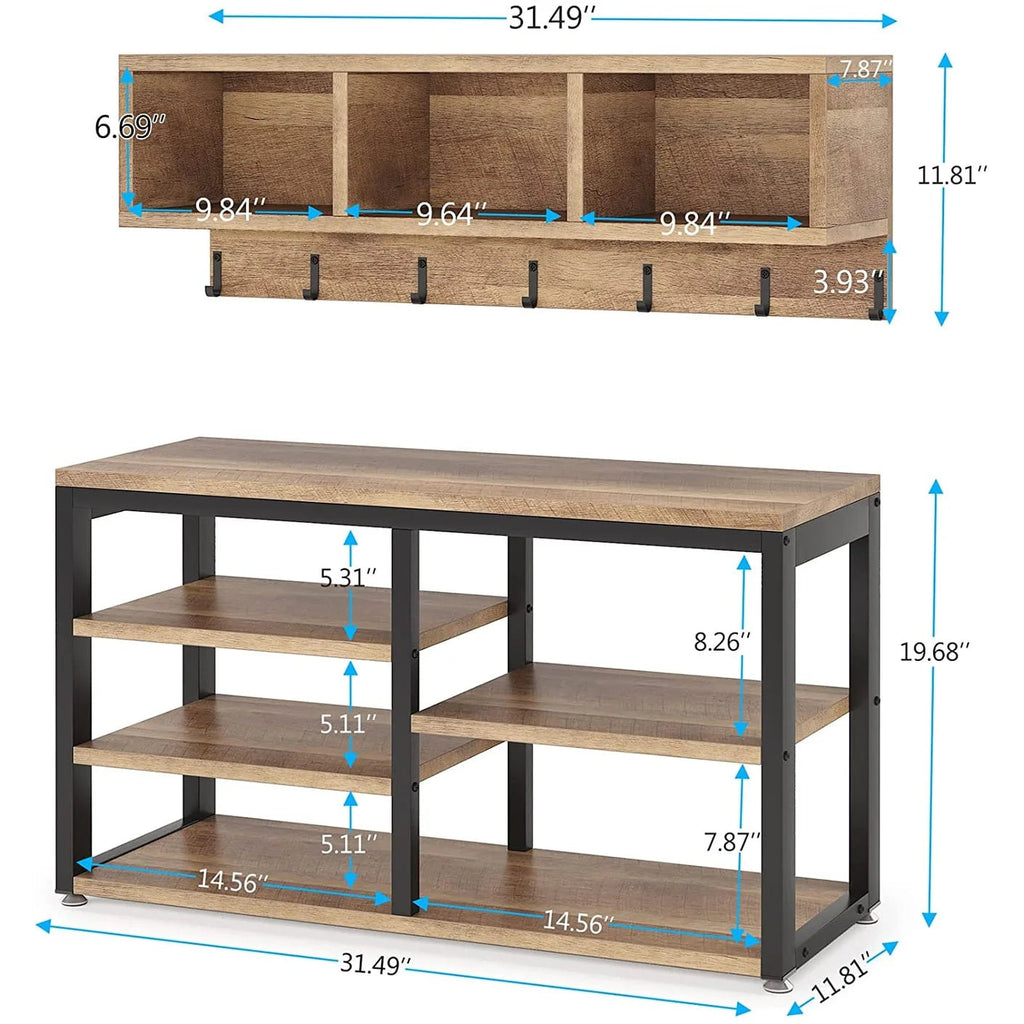 5-in-1 Entryway Hall Tree With Coat Rack, Shoe Bench, 7 Hooks, 3 Cubbies And 3-Tier Shoe Rack