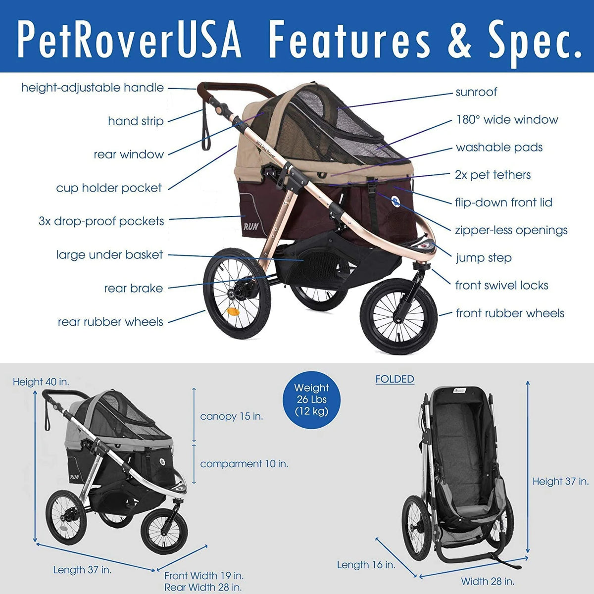 HPZ-PR America Pet Rover Run Jogging Pet Stroller, 50 lbs, Camo Green - B08R9KCWW1