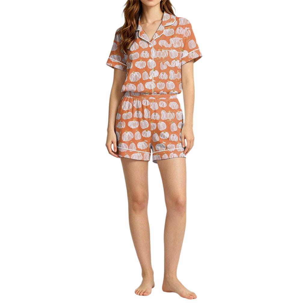 MEZZALL Women Halloween Printed Pajama With Lapel Collar Short Sleeve Tops And Shorts For Home Wear Cozy For Lightweight And Breathable Comfort Relaxed Fit 2 Piece Pjs
