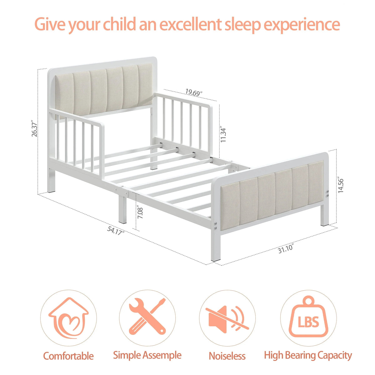 Yoneston Toddler Metal Platform Bed Frame With Guardrails And Upholstered Headboard - White