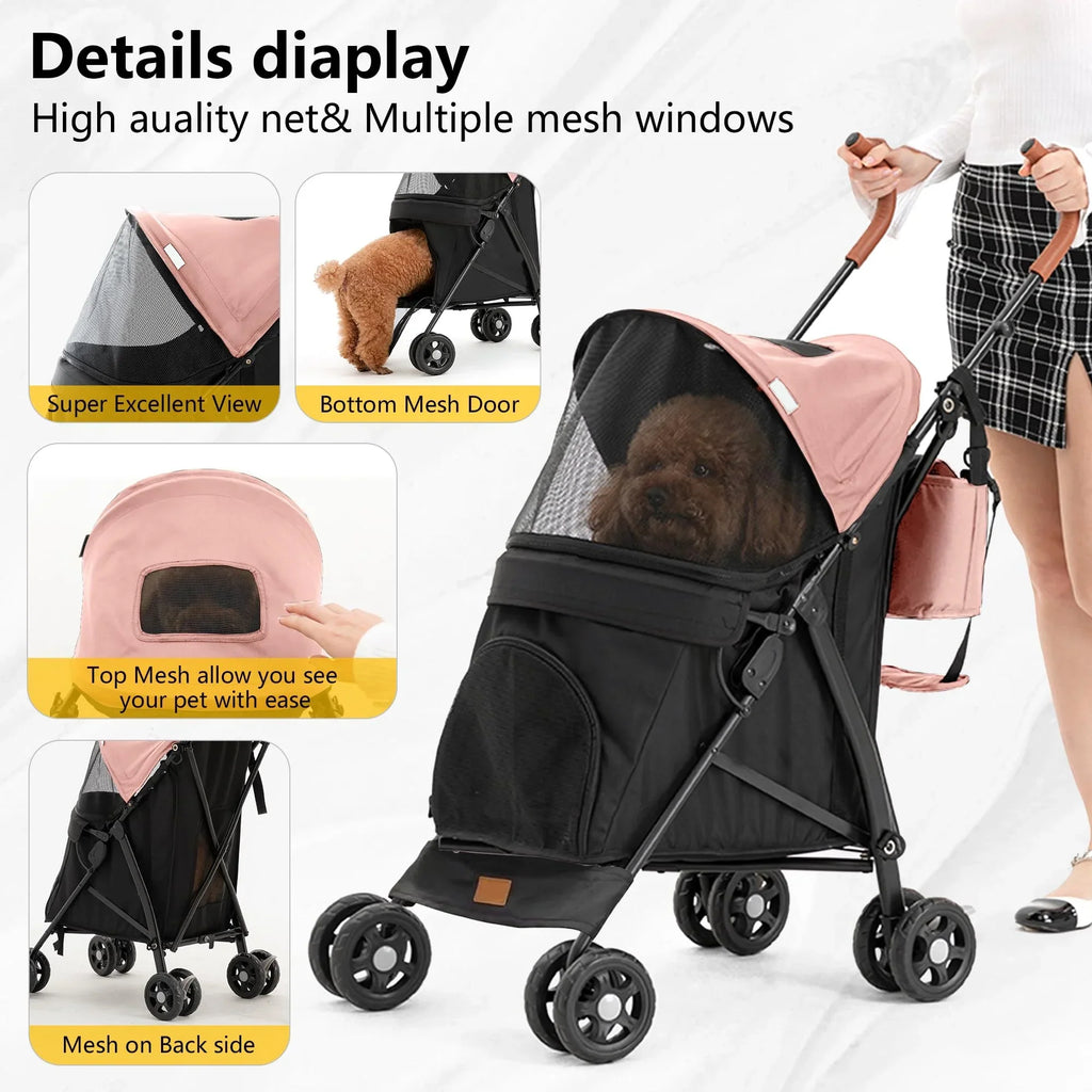 3 In 1 Folding Pet Stroller With Storage Basket And Cup Holder, Pink