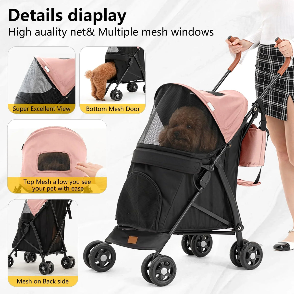 3 In 1 Folding Pet Stroller With Storage Basket And Cup Holder, Pink