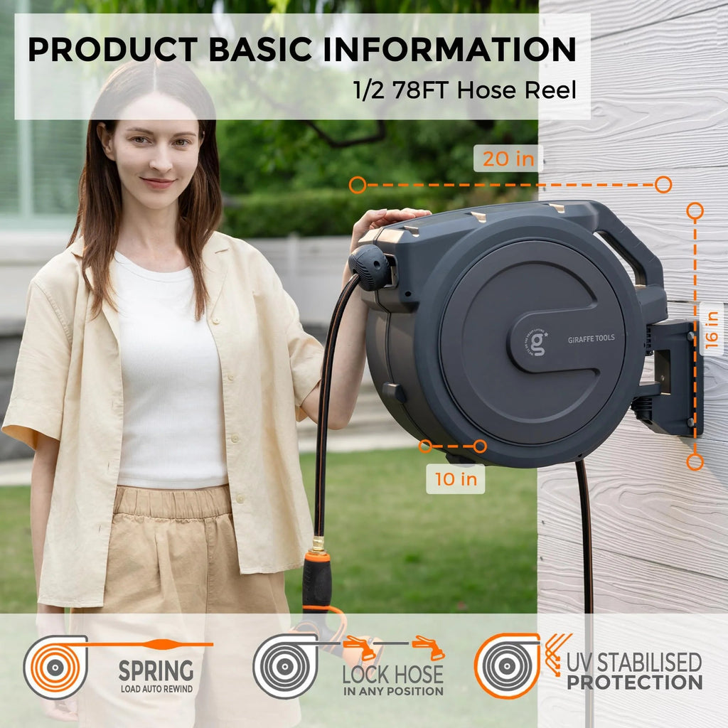 Heavy Duty Wall-Mounted Retractable Garden Hose Reel, 1/2 Inch x 78 ft