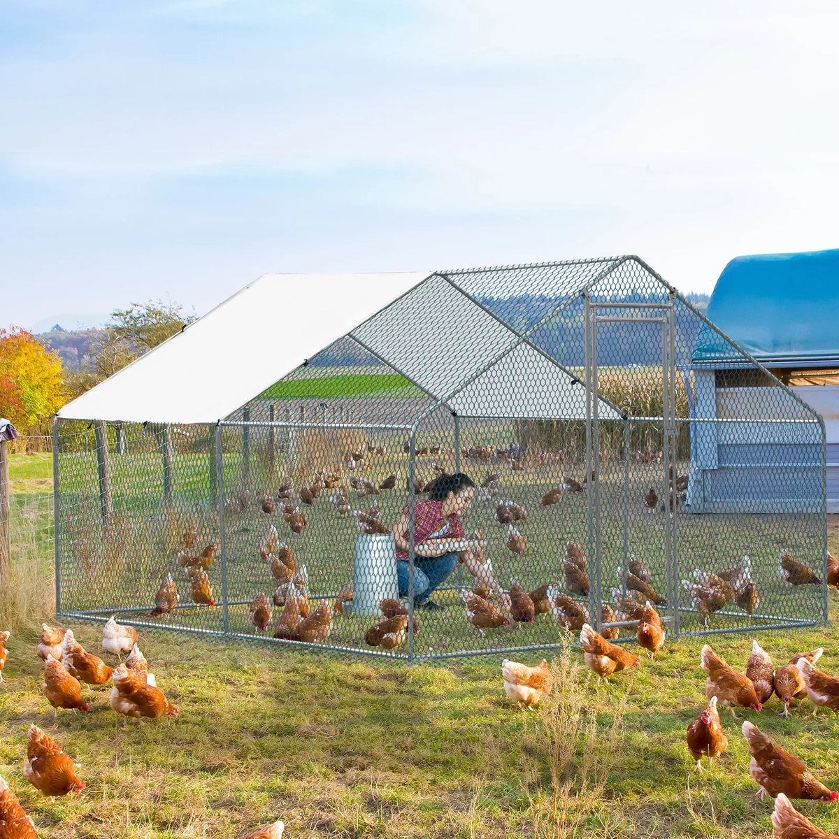 10 x 10 ft Metal Chicken Coop Walk-In Poultry Cage With Waterproof Cover