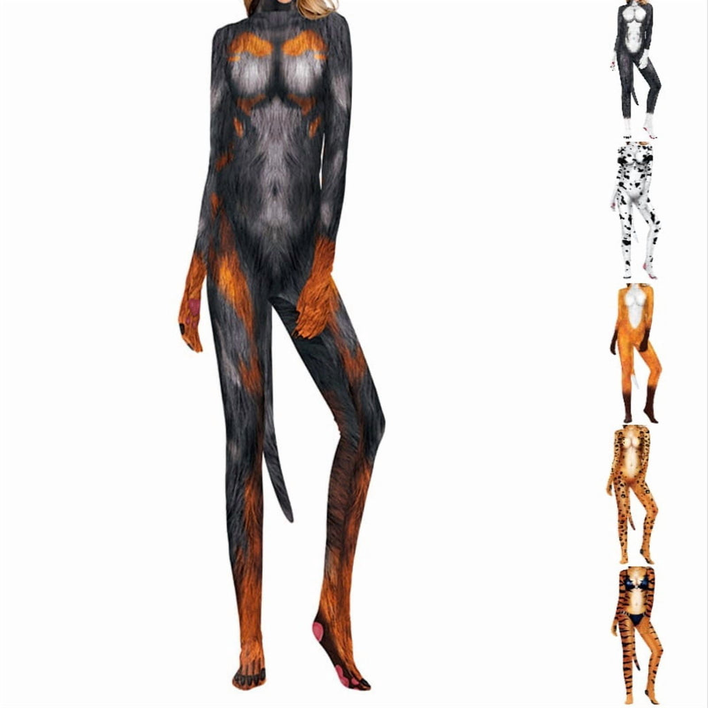Krdevn Men 3D Animal Cosplay Bodysuit, Full‑Body Stretch Jumpsuit Costume with Tail for Halloween