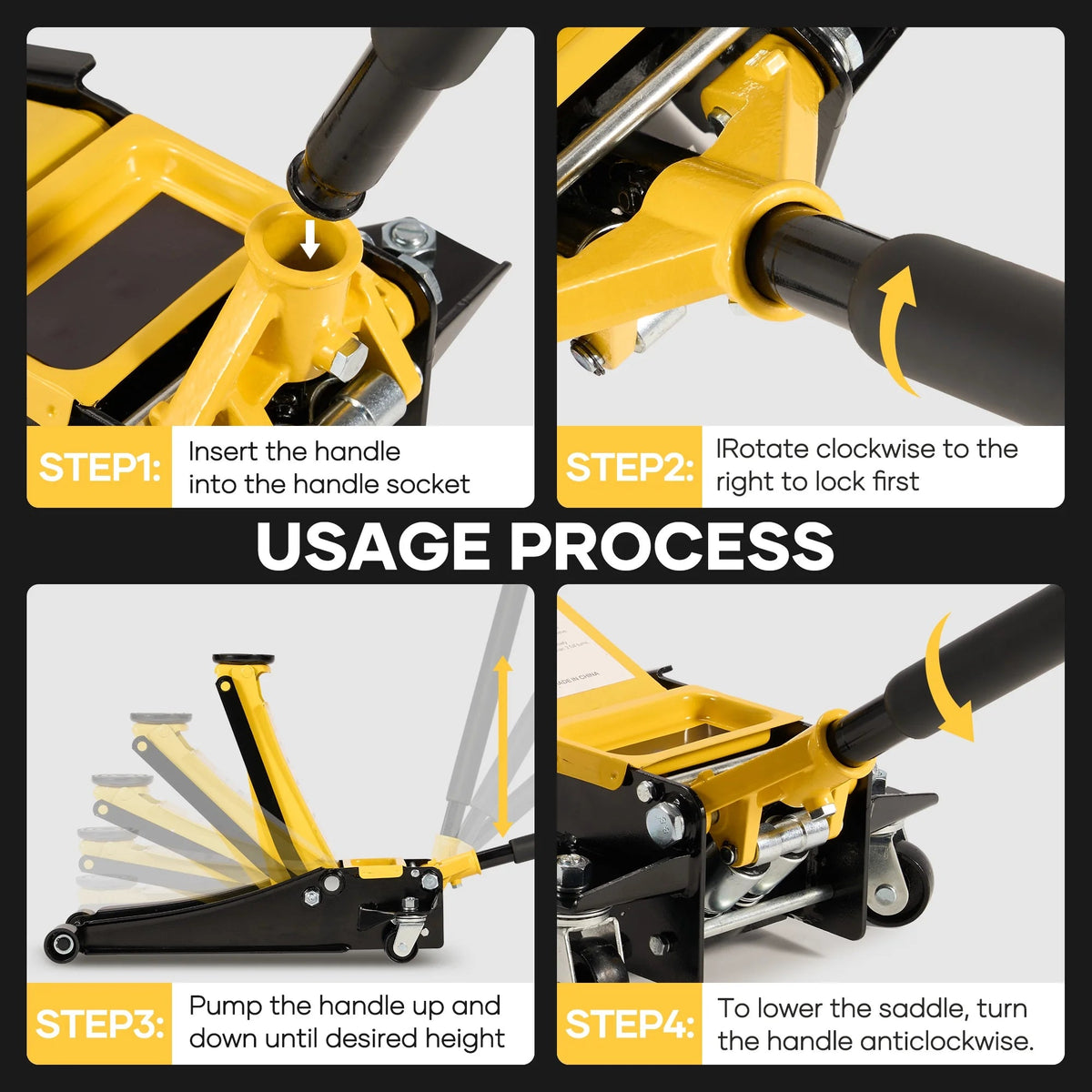 Naipo 3 Ton Low Profile Floor Jack, All Steel, 2.87in-19.69in, Yellow